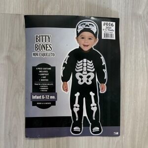 Bitty Bones Infant Halloween Costume 6-12 Months Skeleton Jumpsuit Hat Booties